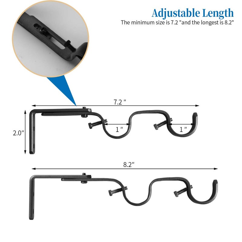 Anndason Heavy Duty Curtain Rod Brackets - Adjustable Double Rod Holders, 1 Inch (8 PCS, Black) - Image 4
